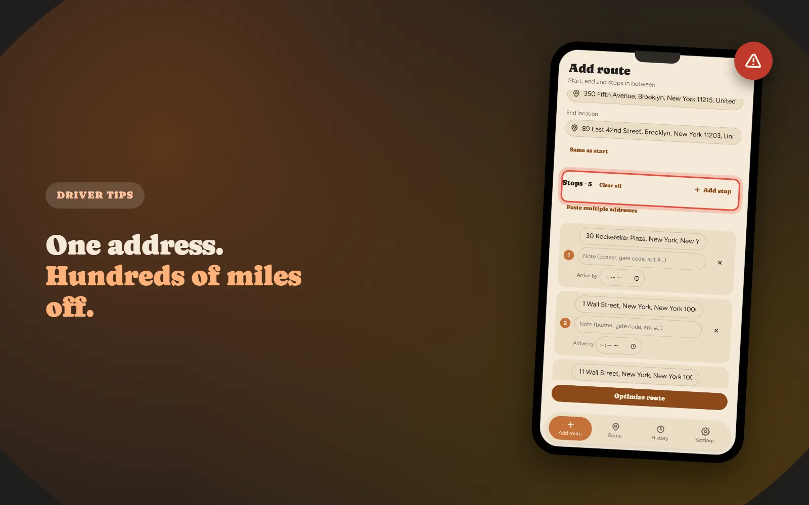 One flagged stop in a delivery route stop list