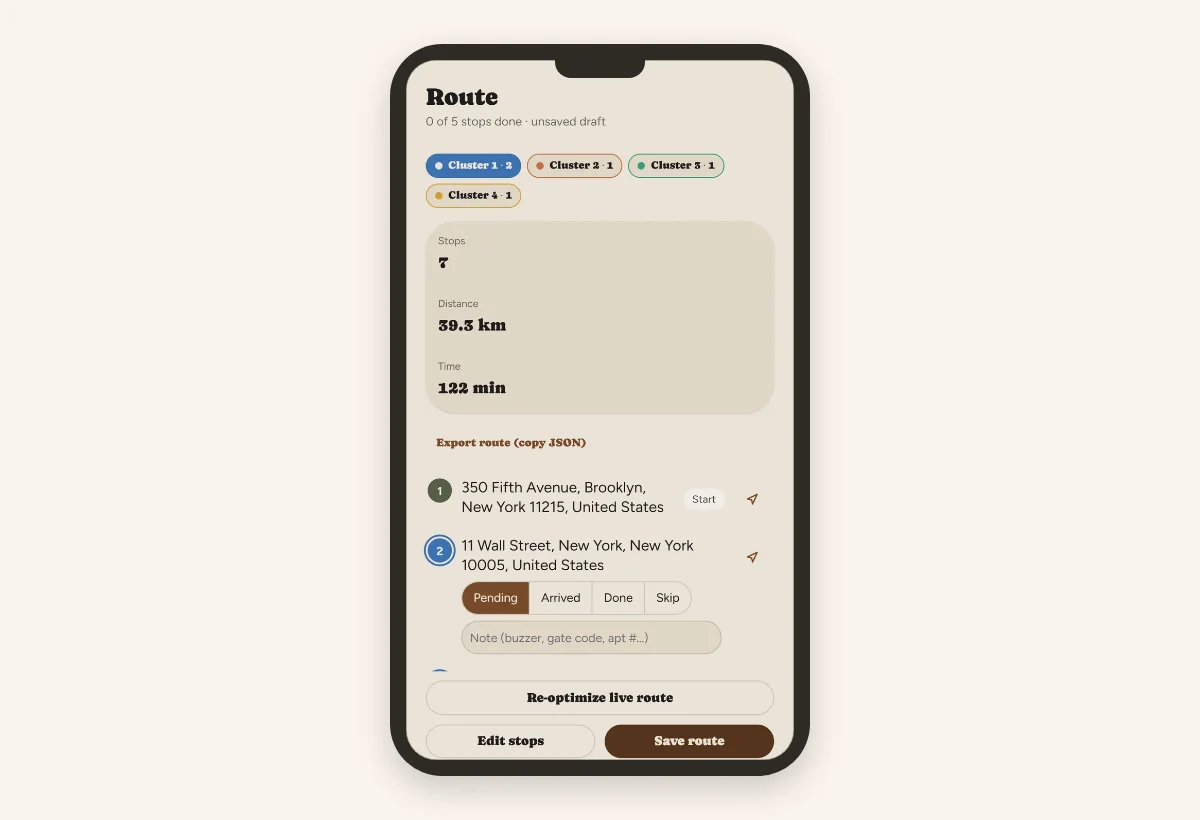 Mockup of a calm, neutral-gray offline status banner reading 'Working offline — progress saved to device' over the Route screen