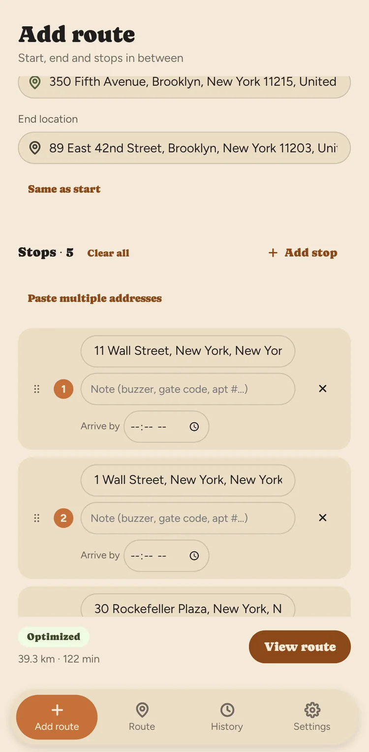 Fix My Route stop list showing five delivery addresses with notes and arrival-time fields, ready to optimize