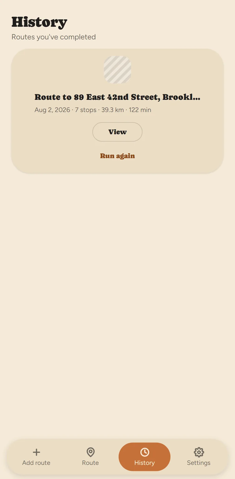 Fix My Route History screen listing a completed route with date, stop count, distance, and duration, plus View and Run again actions