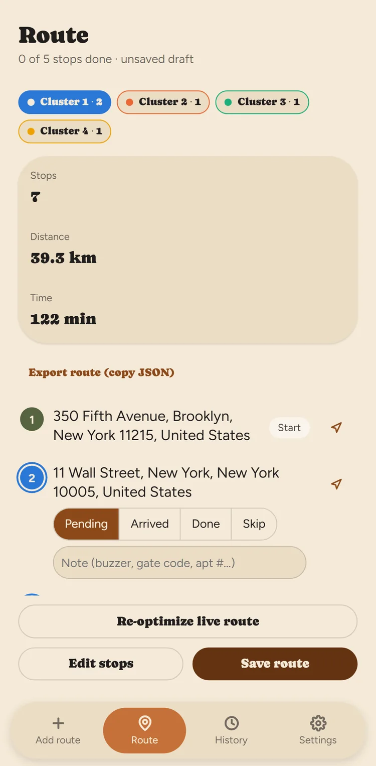 Fix My Route active-route screen with clustered stops, distance and time summary, and Pending/Arrived/Done/Skip status controls